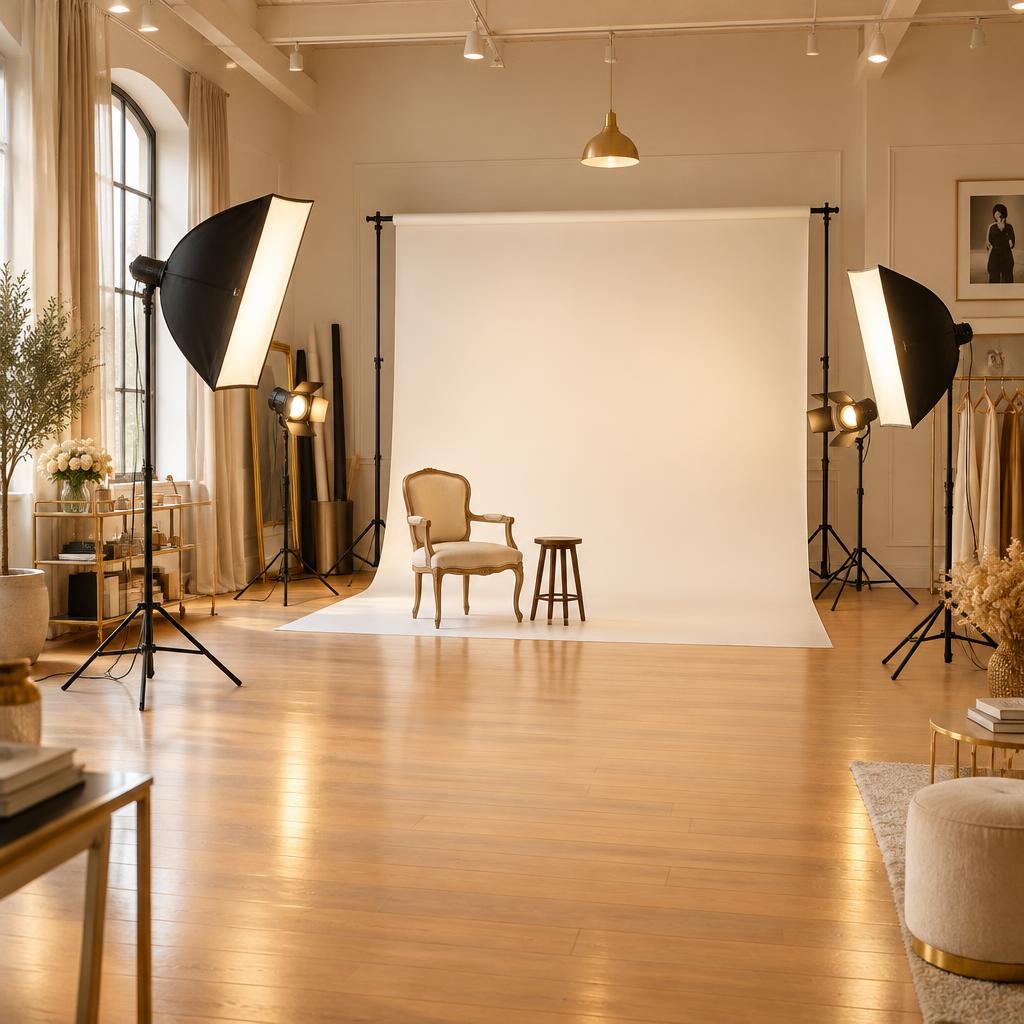 The Photogenic 1 Studio space available for rent, with warm lighting, backdrops, and props ready to use